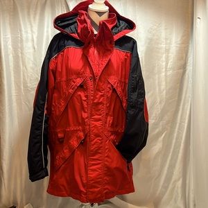 Red Hooded All Weather Coat with Reflective Strips